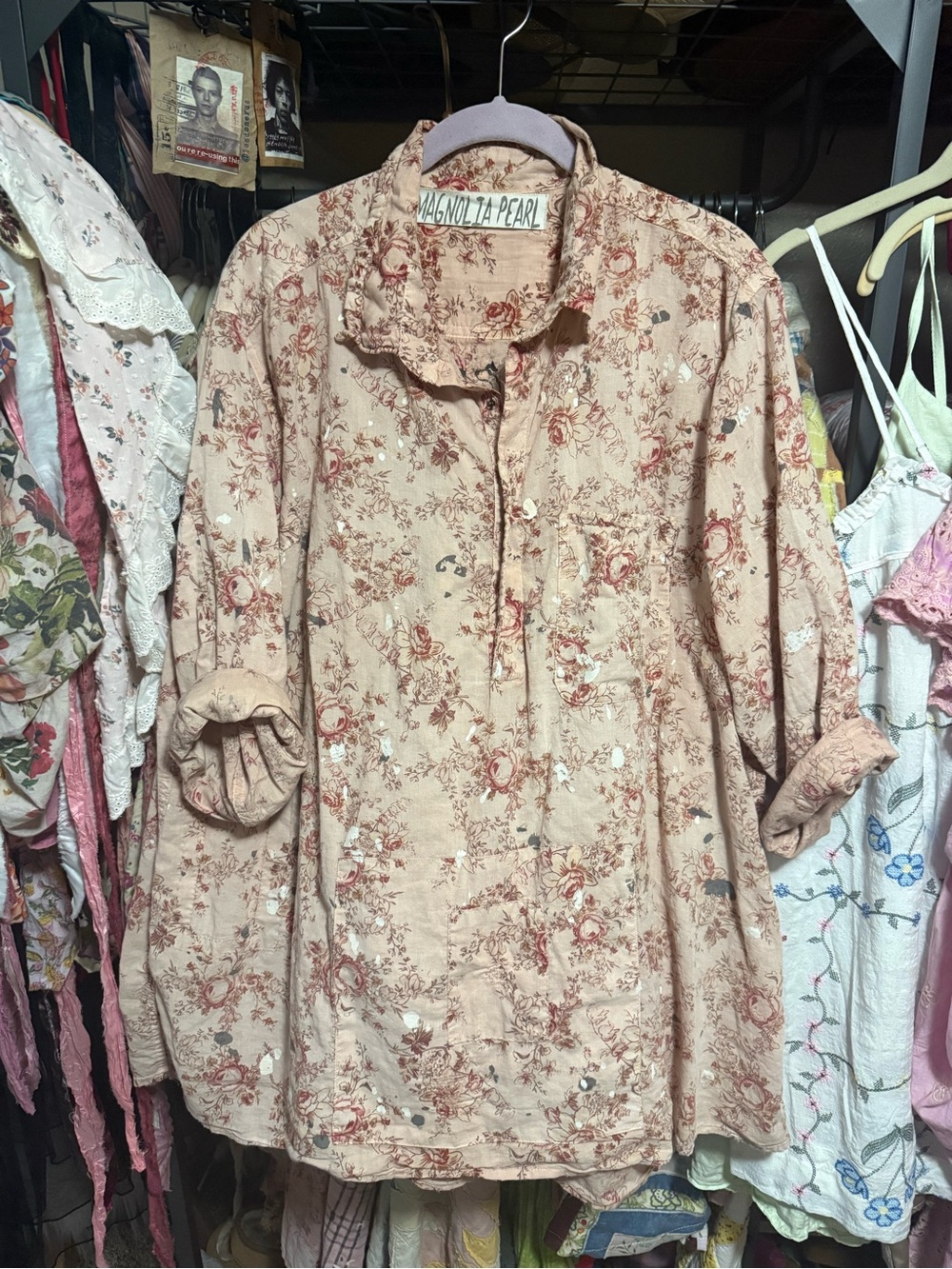 Magnolia Pearl Women's Rose Floral Button-Up Tunic in Blush FIRM